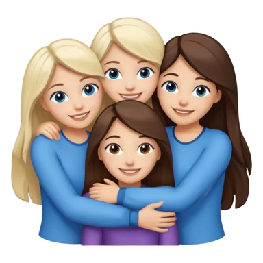 four white girlfriends hugging and smiling    2 girls with brown eyes and long dark brown hair. Two girls with blue eyes and light blonde hair sticker