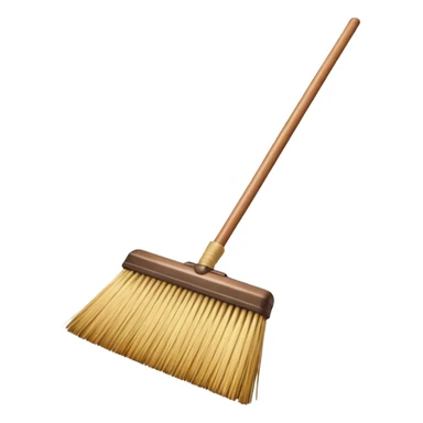 traditional broom with wooden handle cleaning dust from a carpet, straw bristles sweeping visible dust particles, vintage household cleaning tool, simple retro style, 3D cartoon, mobile game icon style, centered composition, clean background, no people, no animals, no text, no watermark sticker