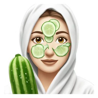 BLUE EYES White girl with Brown hair and blue eyes wears a Green colored skincare clay textured mask and puts on cucumbers around her eyes while She relaxes in her white Robe sticker