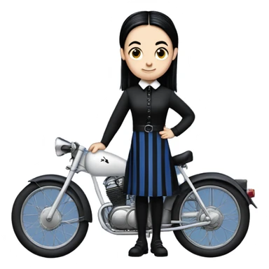 Wednesday Addams from academy in a blue and black vertically-striped classic dress. riding hot rod bikes with crows sticker