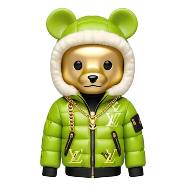traditional cube-shaped bearbrick toy with squared head, lime balaclava with graffiti logos and integrated dark visor shield, Louis Vuitton monogram puffer jacket with plush fur hood trim, gold chains sticker