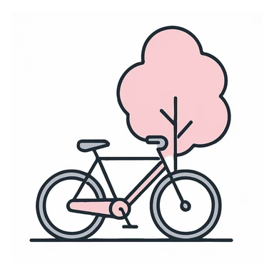 A pink and gray flat illustration of a bicycle leaning against a tree. sticker