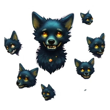 Black iridescent fluffy dog fox head zombie skull skeleton gold mechanical nebula galaxy stars colorful flowers fairy lights vintage sticker