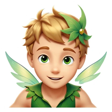 cinematic-realistic-peter-pan-portrait, head tilted dramatically with an exaggeratedly amused expression and sparkling eyes brimming with playful mischief, his iconic outfit rendered in vivid detail with dynamic shadows, soaring through the air flying next to a glowing Tinker Bell, whose delicate wings leave a trail of shimmering pixie dust across a whimsical sky. sticker
