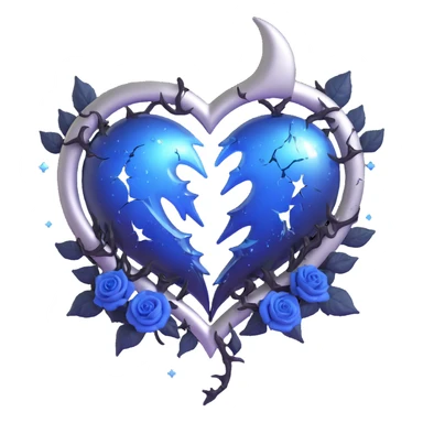 gothic heart split in two 3D emoji, midnight blue glass, silver crescent moon, black roses, stardust, lightning, rain, shattered glass, fantasy style sticker