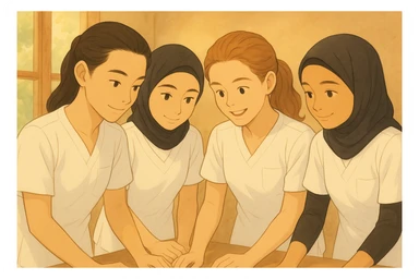 Four nursing students collaborating together in a warm and collaborative atmosphere, all with long hair tied back, bare forearms and arms, wearing white short-sleeve medical tunic-style tops resembling t-shirts with V-neck collars, no buttons, left chest pocket, no collars, no stethoscopes, no fabric extending beyond sleeves. Multiple variations of the scene with a soft Ghibli-inspired background. sticker