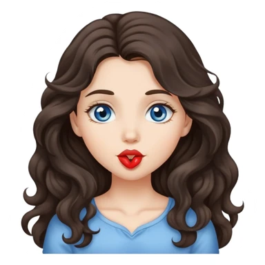 A girl with long, dark brown, wavy hair, grey-blue eyes, Sends a kiss sticker