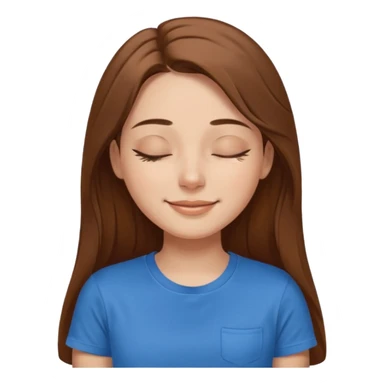 female face smiling with closed eyes with long brown hair and brown eyes in a blue t-shirt sticker