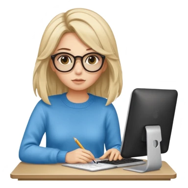 ragazza bionda con capelli lunghi, con occhiali tartarugati, occhi azzurri, con maglione beige, seduti alla scrivania che lavora al pc sticker