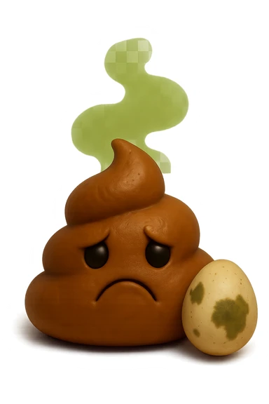 emoji stile iphone feci tristi realistiche 3d con nuvoletta verde che esce simboleggiando puzza e con accanto un uovo marcio 4k
 sticker