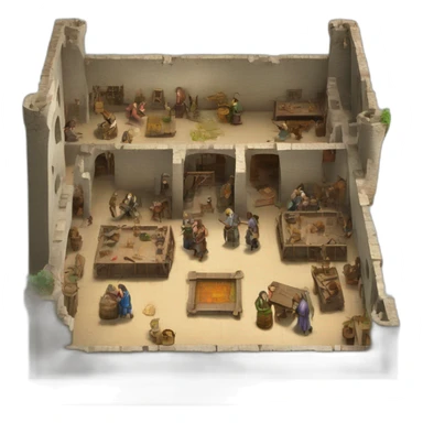 open floor plan of a medieval mint showing different people working sticker