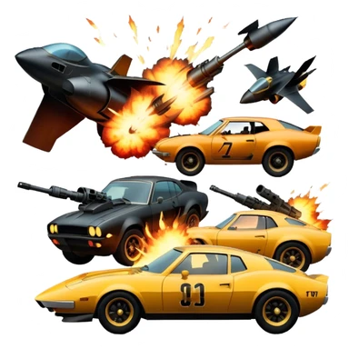 Photorealistic Icon for Action Movies: Close-up Dynamic collage of iconic action movie scenes featuring explosions, fast cars, combat, and weapons. Include silhouettes of famous action heroes, dramatic lighting, and a sense of high-octane energy. Transparent background. sticker
