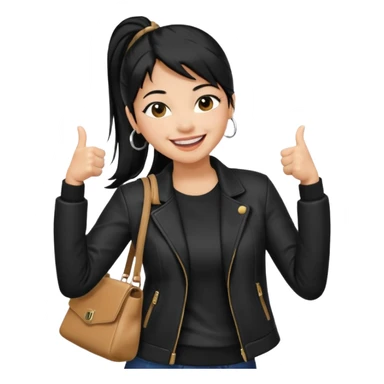A girl with a pony tail black hair and Asian tan skin, Asian eyes, with a black jacket and a black purse, laughing with arms crossed giving a thumbs up  sticker