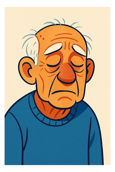 70 year old tired man, closed eyes, deep wrinkles, sparse white hair, soft cartoon style, light background sticker