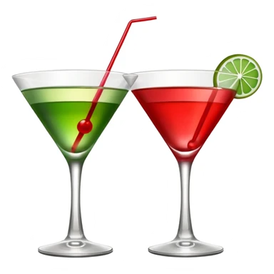 two realistic glasses of cocktail in emoji style, one is red color and one is green, martini glass shape, no straw, no fruit, no ice sticker