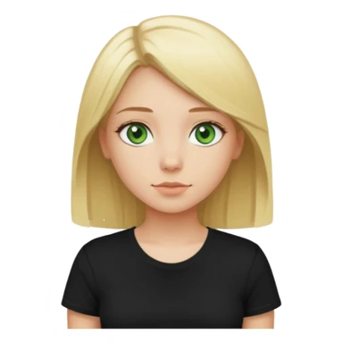 Girl with green eyes, blonde with an even hole with straight hair up to the waist in a black t-shirt sticker