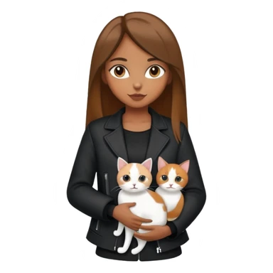 Brown straight-haired girl wearing black jacket with white cat and calico cat sticker