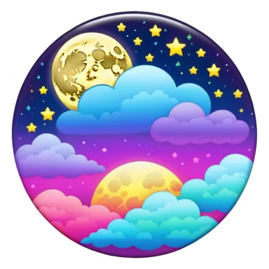 Beveled button with Neon rainbow colored damask style full moon with stars and clouds in the center sticker