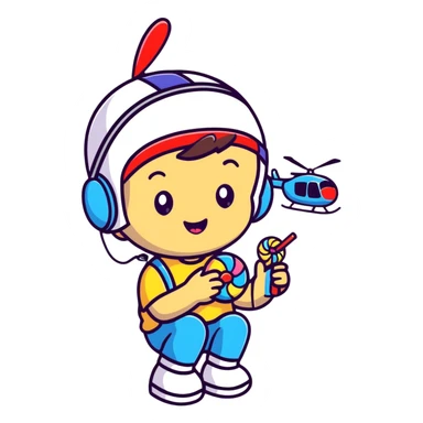 happy kid with helicopter hat eating candy sticker