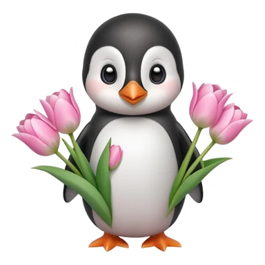 Cute baby penguin holding flower bouquet wraped in white paper and all flowers tulips in pink colour sticker