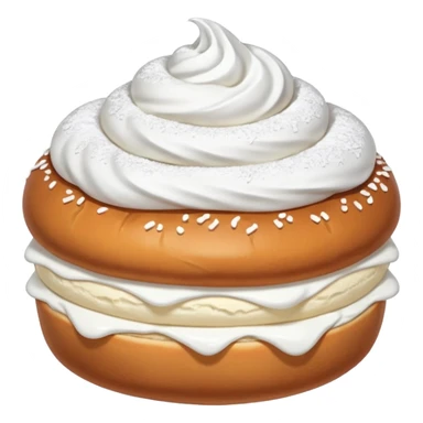 A bun with visible whipped cream in the middle beteween two bun halves and powdered sugar on top sticker