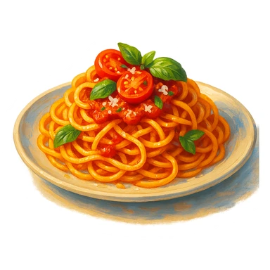 В слега рисованном, но при этом ярком и объемном стиле сгенерируй картинку сочной итальянской пасты, профессионально выставленный свет, который подчеркивает объем, прозрачный фон sticker