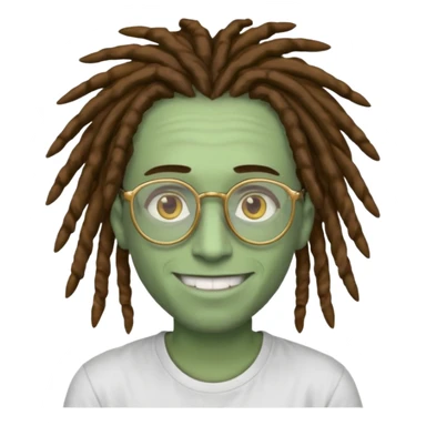 man with brown dreads white tee golden eyes light green skin glasses and white smile sticker