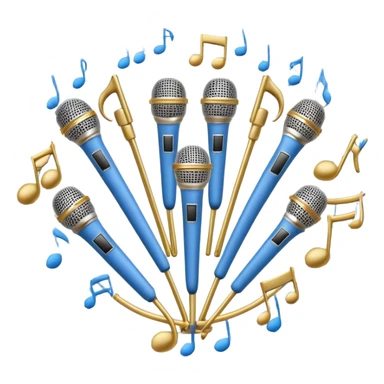 Create a harmonious and elegant emoji that represents choral singing. The design should feature multiple microphones arranged in a semi-circle, symbolizing a choir. Add musical notes flowing around to represent the harmony and unity of the voices. Include subtle elements like sheet music or a conductor's baton to reflect the organized aspect of choral performance. Use colors like gold, silver, and soft blue to evoke a sense of togetherness, professionalism, and grace. The background should be transparent. sticker