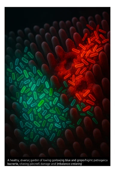 Scientific visualization of a man's intestinal lining. A healthy, diverse garden of glowing blue and green probiotic bacteria is being overtaken and outnumbered by aggressive, inflammatory red and orange pathogenic bacteria, creating patches of damage and imbalance. Dark, clinical background. sticker