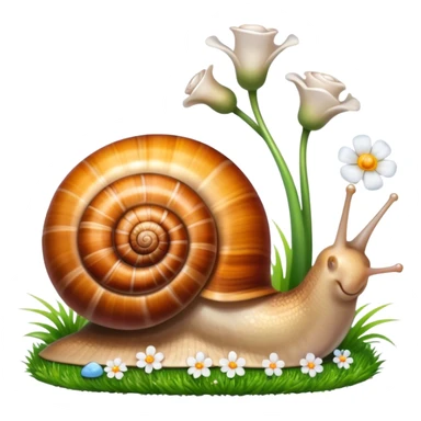 Close-up of large home snails inside a terrarium, showcasing their soft, spiral shells and glistening bodies, with a gentle light highlighting their details. With stones and grass and flowers. Transparent background. sticker