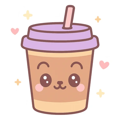 kawaii style takeaway mocha cup, cute animal face on the cup, pastel background, small hearts and stars, joyful mood sticker