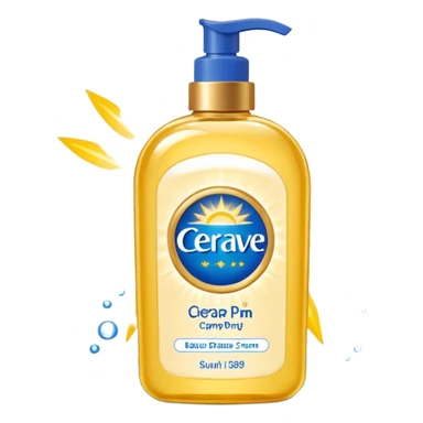 White CeraVe pump bottle with blue label and bright yellow  glow badge. Floating in golden morning light, encircled by radiant sunbeams and shimmering protective particles. Shield Glossy, potion-like, symbolizing daily moisture and powerful sun defense. sticker