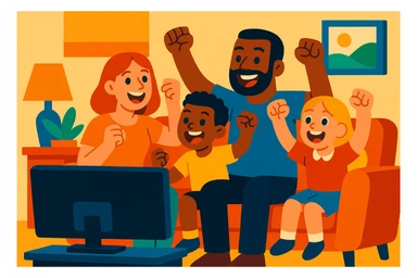 family cheering while watching a sports game on television in a cozy setting sticker