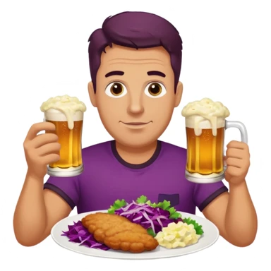 German man eating schnitzel, potato salad, red cabbage, sauerkraut, and beer sticker