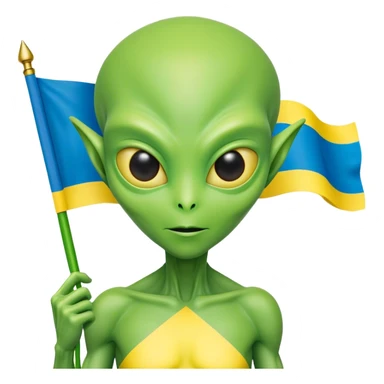 Green alien with Ukraine flag sticker
