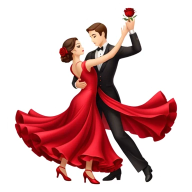 Icon for Ballroom Dancing: a pair of ballroom dance shoes, a rose, a dance floor, a flowing, voluminous ballroom dress in motion, and a shining spotlight. The icon should represent the elegance and atmosphere of ballroom dancing, focusing on the attire and setting. Transparent background. sticker