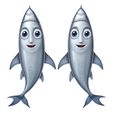 two whole sardines side by side, silvery skin, blue-gray tones, fine scale texture, slim elongated bodies, pointed heads, visible eyes, slightly curved tails, soft lighting, emoji scale sticker