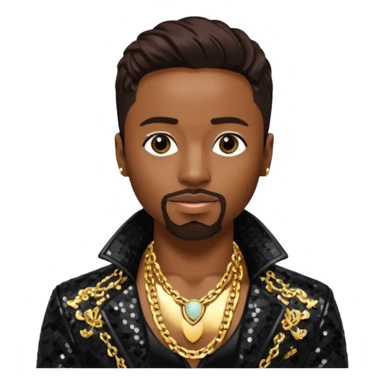 Teddy Riley with dark brown hair, black sequin jacket, shirtless with necklace  sticker