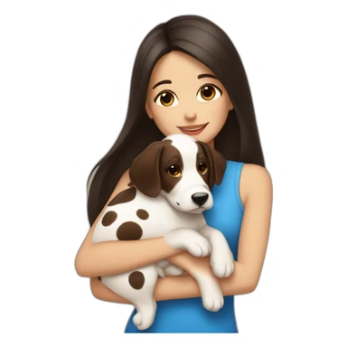 beautiful woman with dark long straight hair and brown eyes hugs a spotted puppy sticker