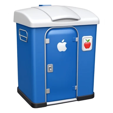 portable toilet portaloo blue plastic with white roof front door visible apple emoji style sticker