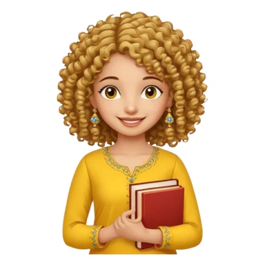 a pretty bratz girl with curly hair wearing a yellow kurti, eyeliner, jhumkas, carrying books sticker
