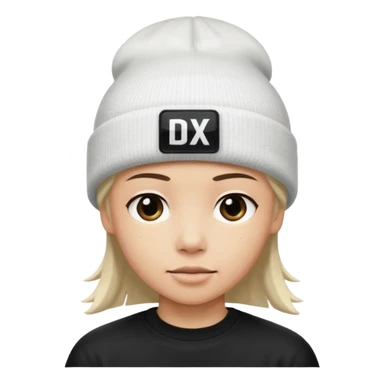 wearing a white beanie with an black square logo with the word "DX" written on it.

 sticker