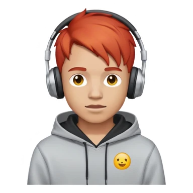 young male with red hair, wearing headphones and a hoodie with 'woojuo' printed on the chest, emoji style, simple and bright sticker