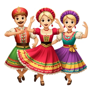Cinematic Realistic Mazurka Dance Emoji, depicted as a lively traditional Polish folk dance scene with colorful costumes and spirited movement, rendered with dynamic textures and vibrant festive lighting that captures its rhythmic energy. sticker