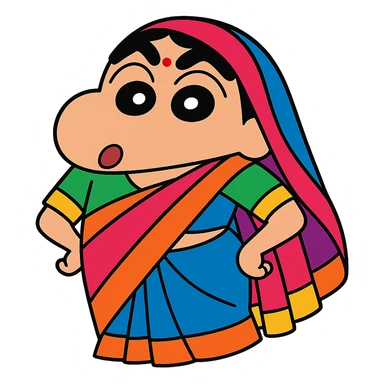 Shinchan character wearing a colorful saree, cartoon style sticker