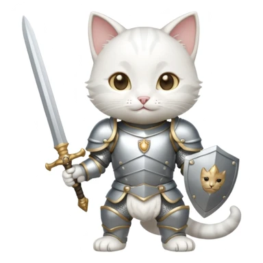baby chibi white cat in silver armor, full body, smile, hold sword sticker