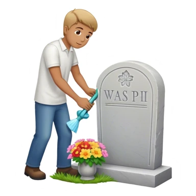 Man cleaning a headstone that has a flower vase sticker