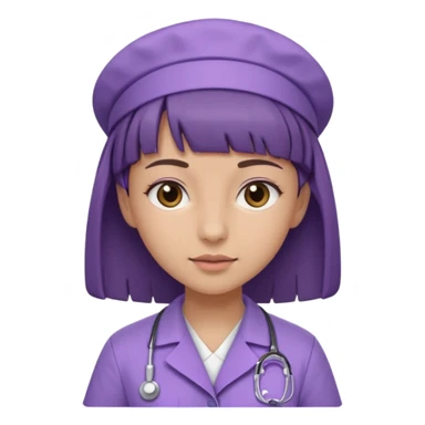 A young female slim nurse with short Brown hair with fringe over her forehead, wearing larvendar purple working cloth sticker