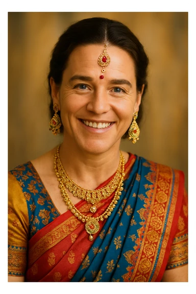 a famous Western celebrity reimagined as an Indian person in traditional attire, vibrant colors, friendly expression sticker