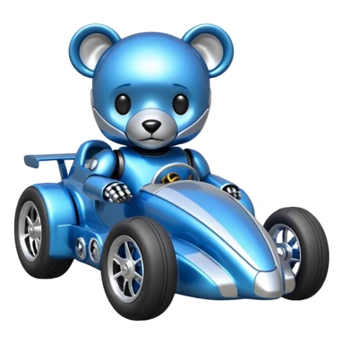  Metallic blue and lightly chrome-accented  kid-sized race car for scary robot teddy bear with custom aero body and rear wing and motorcycle-sized wheels  sticker